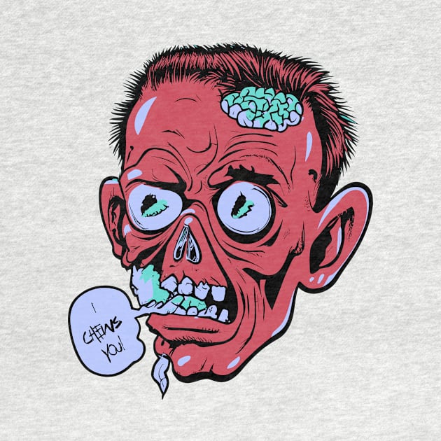 Zombie Head Pun Retro Illustration - I Chews You by Soulphur Media